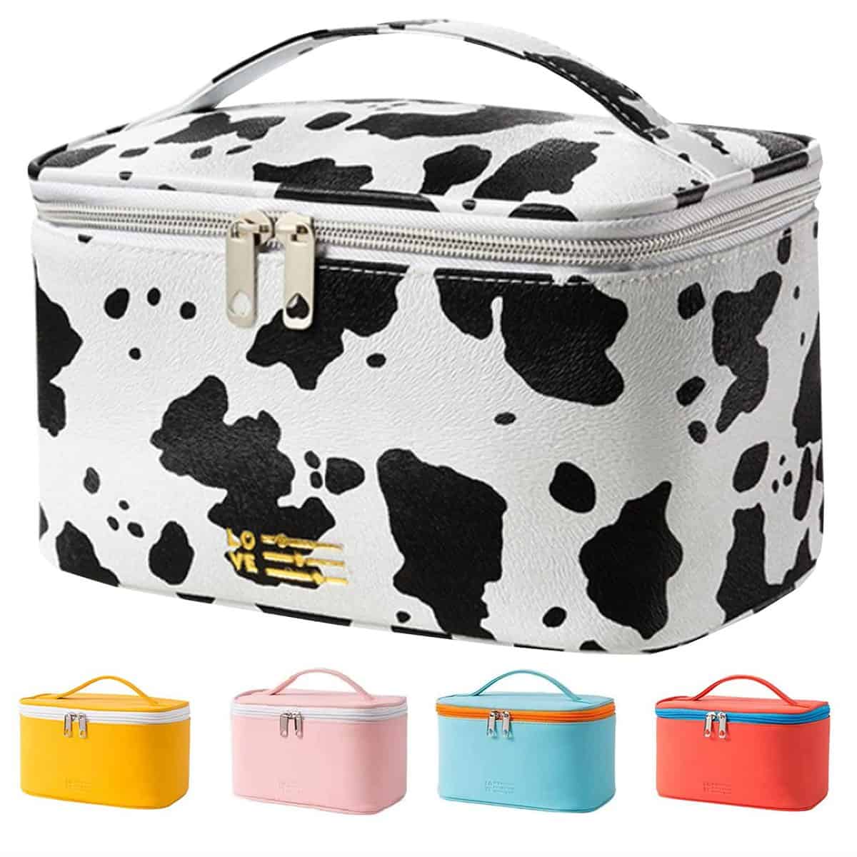 Meiyuuo Cute Makeup Bag Small Cosmetic Bags for Women Ladies Medium Pouch Toiletry Bag PU Waterproof Organizer (Cow)