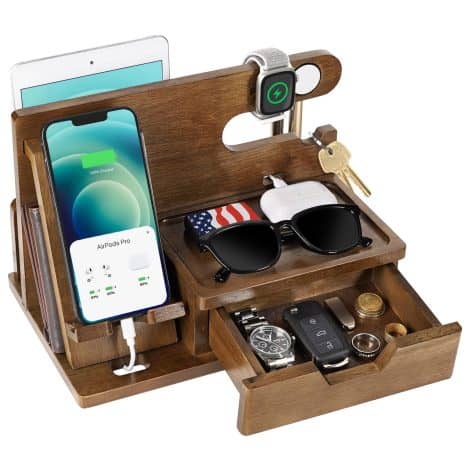 Wooden Phone Docking Station with Drawer – Perfect Christmas, anniversary, or birthday gift for Dad, Husband, or Boyfriend.