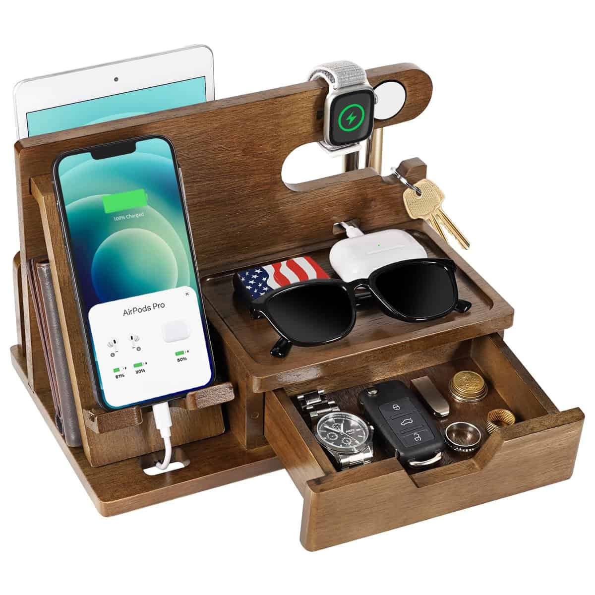 Funistree Gifts for Men Dad Husband from Daughter Son Wife Christmas, Wood Phone Docking Station with Drawer, Xmas Anniversary Birthday Gifts Idea for Him Boyfriend Mens Nightstand Organizer Presents