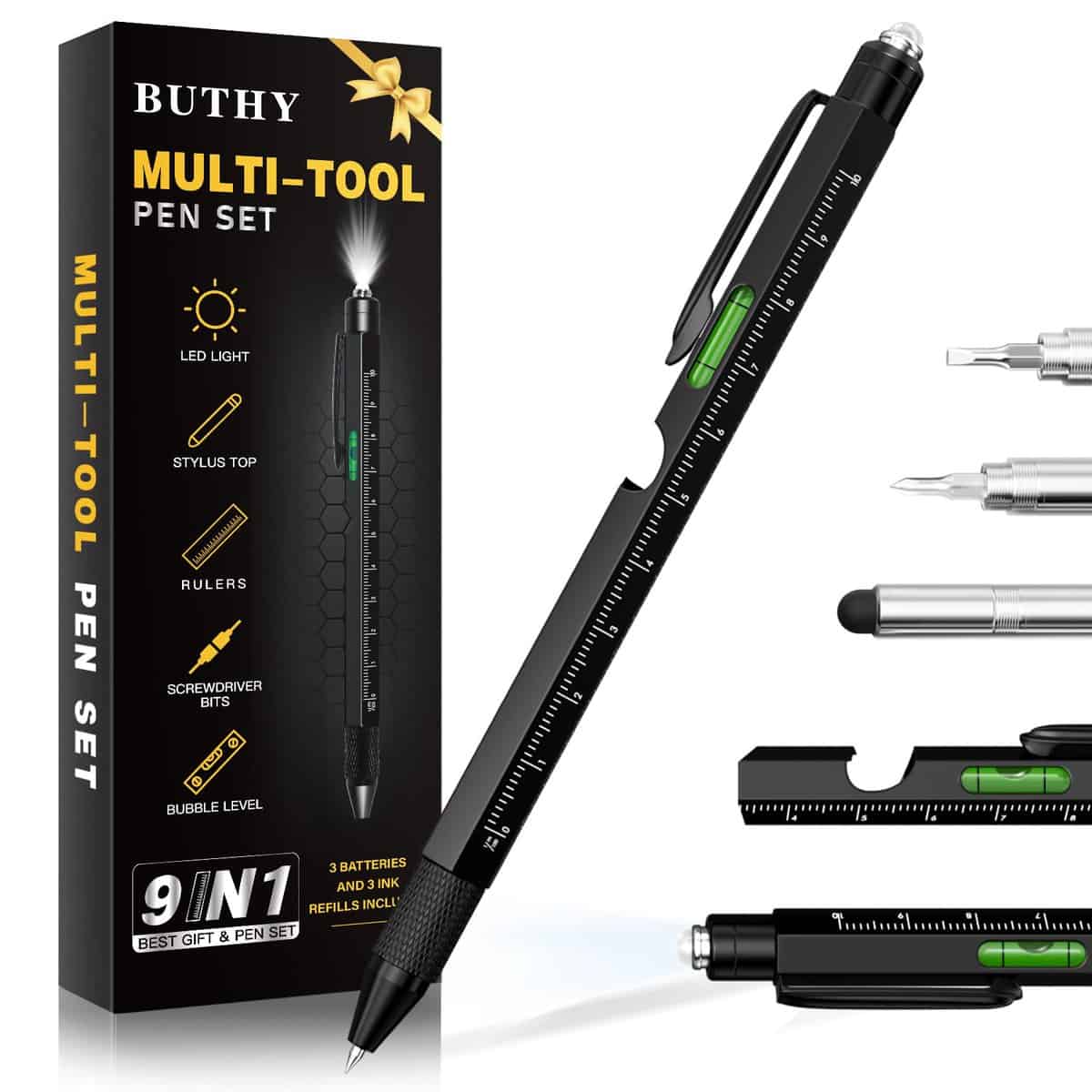 BUTHY Gifts for Men, 9 IN 1 MultiTool Pen, Gadgets for Mens Gifts for Christmas, Mens Stocking Stuffers for Men Gifts for Men Who Have Everything, Birthday Gifts for Grandpa Dad Gifts for Husband Him