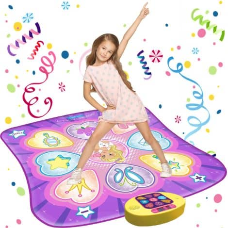 “SUNLIN Dance Mat: Fun-filled, interactive dance pad with vibrant LED lights and adjustable volume, perfect for girls aged 3 to 10. Includes 9 captivating songs, 7 exciting game modes, and 5 challenge levels. Great Christmas or birthday gift for girls aged 3 to 8+ years!”