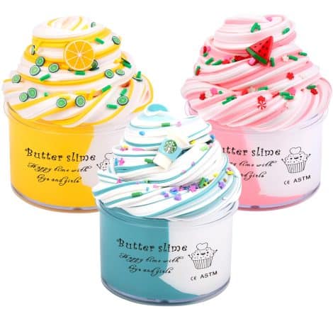 3-pack of Keemanman Butter Slime Kit, featuring watermelon, latte, and lemon charms, perfect for stress relief and gifting.