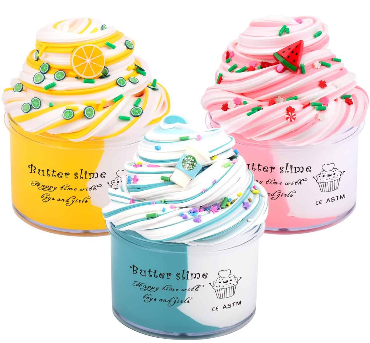 Keemanman Butter Slime Kit 3 Pack with Watermelon, Latte and Lemon Charms, Cool Preppy Stuff, Cute Stress Relief Toys and Birthday Gifts Ideas for Girls and Boys, Scented Aesthetic Stuff for Kids