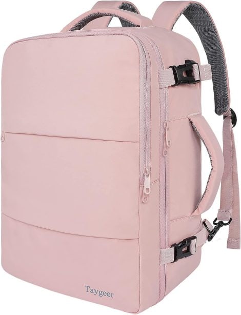 Pink Taygeer Travel Backpack for Women – Carry-on with USB Charging Port, Shoe Pouch, and TSA-friendly design. Perfect for college, work, or travel.