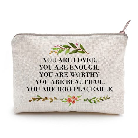 “You Are Valued & Complete” Beauty Bag – Empowering affirmations on a trendy makeup case. Perfect for gifting sisters.