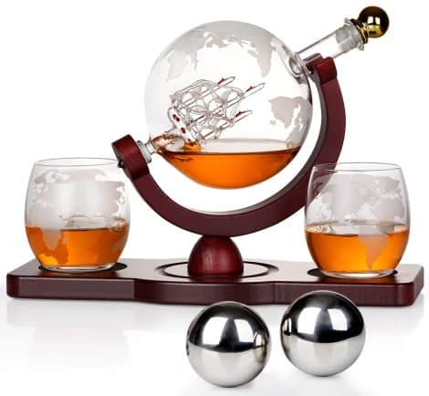 Cool Stuff: Unique globe-shaped whiskey decanter set with 2 ball stones & 2 glasses, perfect for men. Ideal gift for Christmas, birthdays, or anniversaries.