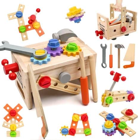 Wooden tool set for young children including 29 pieces of tools and a toolbox. Educational and fun! Great for 3+ boys and girls.