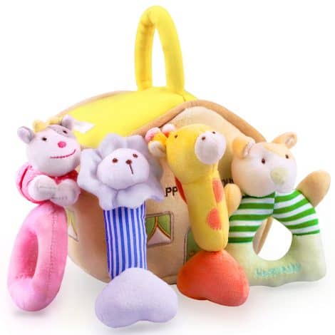 Soft farm-themed rattle set perfect for baby’s sensory development, ideal gift for newborns and toddlers.