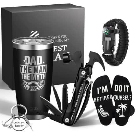 Arulis Father’s Day & Christmas Gift: Hilarious Dad Present Set with Tumbler, Multitool, Bracelet, Socks, and Keychain, Ideal from Children.