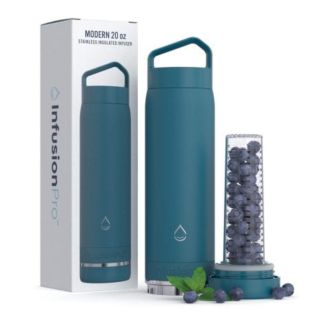 Vacuum insulated stainless steel water bottle with fruit infuser for enhanced flavor, easy to clean, perfect gift.