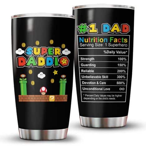 Game Dad Tumbler with Lid – 20 oz stainless steel; Dad Nutrition Facts Cup – Funny Christmas gift for Dad.