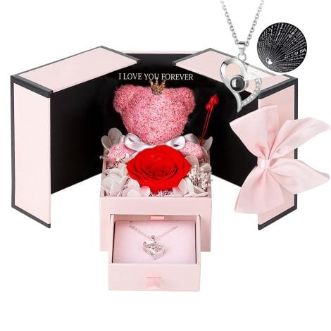 Red Rose Forever Flowers Gift Set for Her – Show Your Love with a Preserved Rose Bear