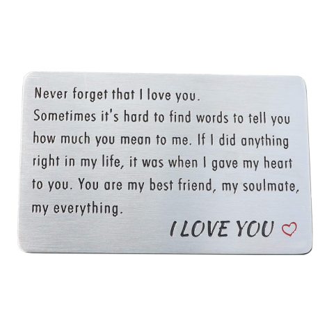 Engraved stainless steel wallet card insert, a meaningful anniversary gift for husband, men, or boyfriend from wife.