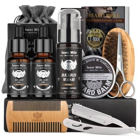 Isner Mile Beard Grooming Set: Includes shampoo, oil, balm, brush, comb, scissors & storage bag. Great gifts for men!