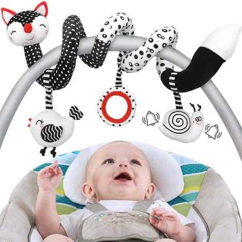 Baby Car Seat Toys: Stimulating, black and white hanging spirals with rattle, perfect for newborns and gifts.