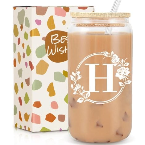 Customized Initial Glass Cups with Lids and Straws, Personalized Birthday Gifts for Her, 16oz Tumbler with Lid and Straw, Perfect for Iced Coffee or Beer, Monogrammed Presents