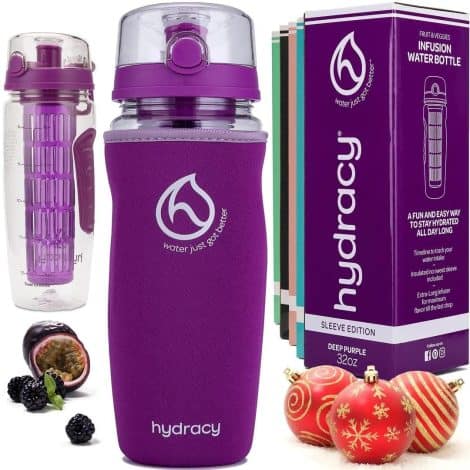 Hydracy Deep Purple Water Bottle – 32oz Sports Bottle with Sleeve, Time Marker, and Infusion Rod. Includes eBook with 27 Fruit Infused Water Recipes.