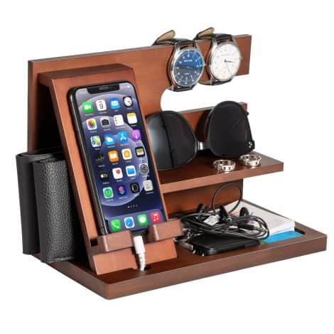 Wooden docking station and organizer perfect for men, ideal gift for Christmas, birthdays, and anniversaries.