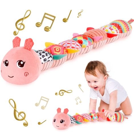 Soft caterpillar toy with music, crinkle, rattle, and textures for infants’ sensory development, ages 0-12 months.