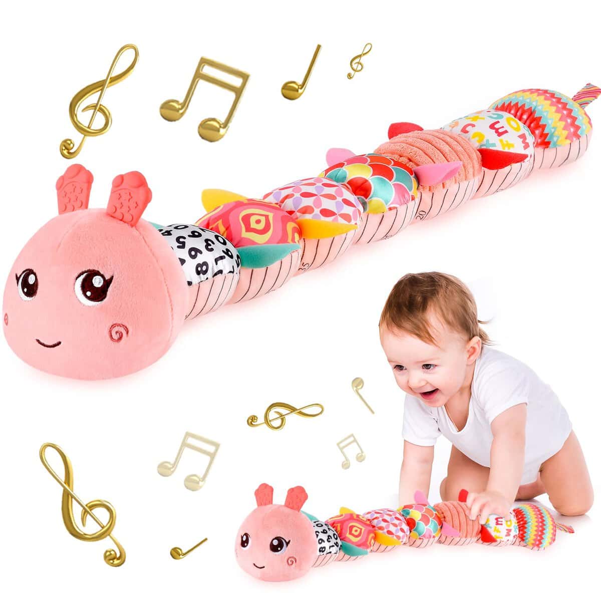 Montessori Infant Baby Musical Stuffed Animal Activity Soft Toys with Multi-Sensory Crinkle, Rattle and Textures for 0-3-6-12 Months Developmental Toys, Caterpillar, Pink