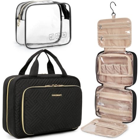 Large-Blck BAGSMART Hanging Travel Organizer: Clear TSA Approved Makeup Bag for Full Size Toiletries.