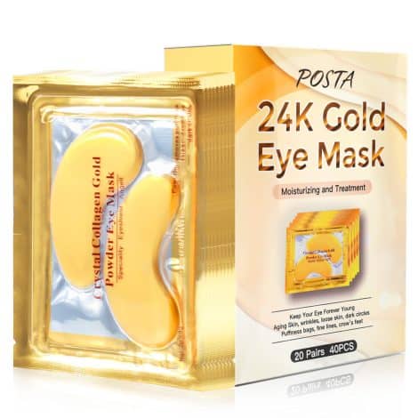 Luxurious 24K Gold eye mask, collagen-infused, treats puffy eyes, dark circles, and aging signs for both men and women.