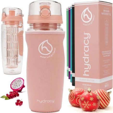 Rose Gold Hydracy Fruit Infuser Water Bottle with 32 oz capacity, insulation, time marker, and infusion rod. Includes 27 fruit water recipes eBook.