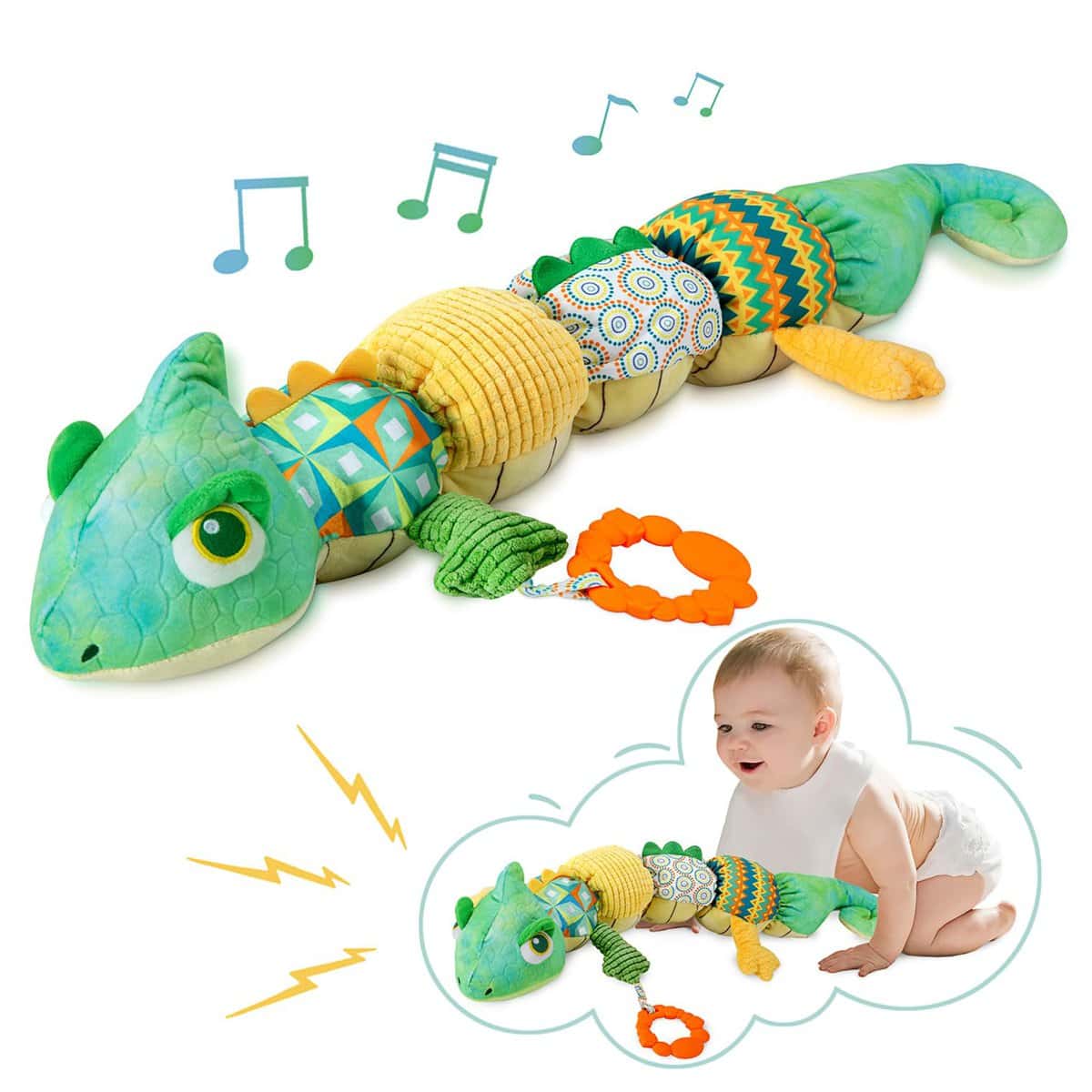 Baby Toys 0-6 to 12 Months, Musical Infant Toys with Multi-Sensory Crinkle, Rattle and Textures, Soft Stuffed Animal Newborn Toys for 0-3-6-12 Month Old Baby Boys - Chameleon, Green