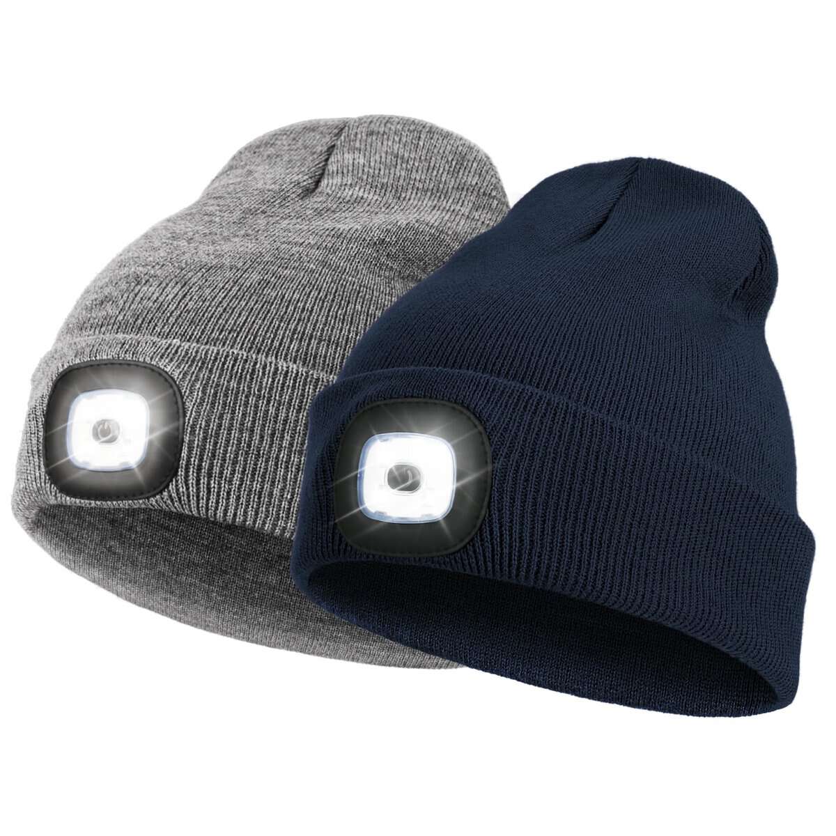 YunTuo 2 Pack LED Beanie with Light, Unisex USB Rechargeable Winter LED Headlamp Hat, Christmas Gifts for Men Husband Him Women (Grey+Navy Blue)