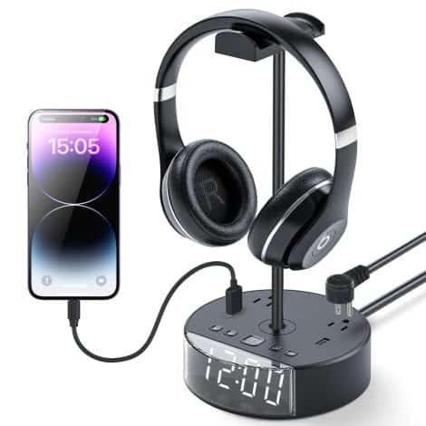 ZEAGUS Gaming Headphone Stand: Convenient desk holder with alarm clock, USB ports, power outlets for all earphone accessories.