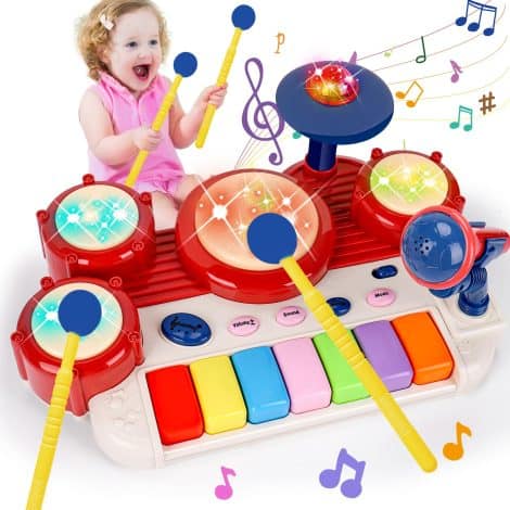 Musical Toys combo for little ones: Piano Keyboard & Drum Set, stimulating sensory and developmental play. Perfect for 1-2 year-olds.