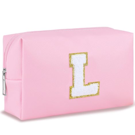 Cute personalized pink makeup bag for women, perfect to organize cosmetics while traveling or in your purse.