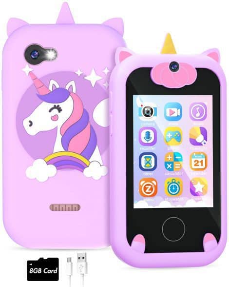 “Fiechcco Gifts for Girls Age 6-8: Smart Phone Easter & Christmas Stocking Stuffers with 8G SD Card – Purple”