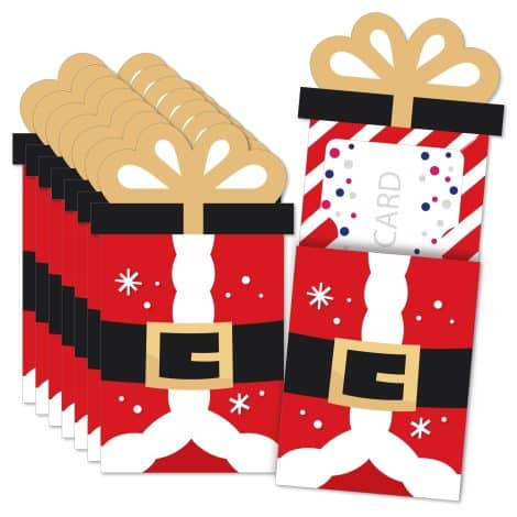 “Wrap your presents in style with the Big Dot of Happiness Secret Santa Gift Card Sleeves.”