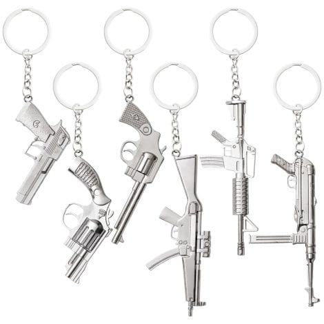 Juvale’s 6-pack of Mini Gun Keychains for Men features sleek Silver Metal Pistol Key Ring Pendants in 6 unique designs and sizes.