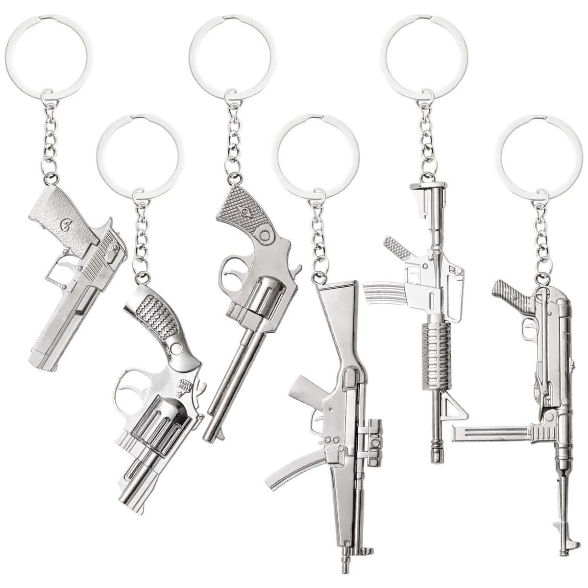 Juvale 6 Pack Mini Gun Keychains for Men, Silver Metal Pistol Key Ring Pendants (6 Assorted Designs and Sizes)