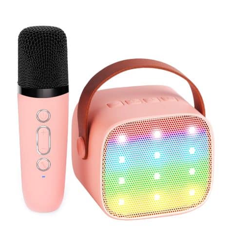 YLL Kids Karaoke Machine: Easy-to-carry speaker with wireless microphone. Perfect Christmas gift for girls aged 4-10. (Light pink)