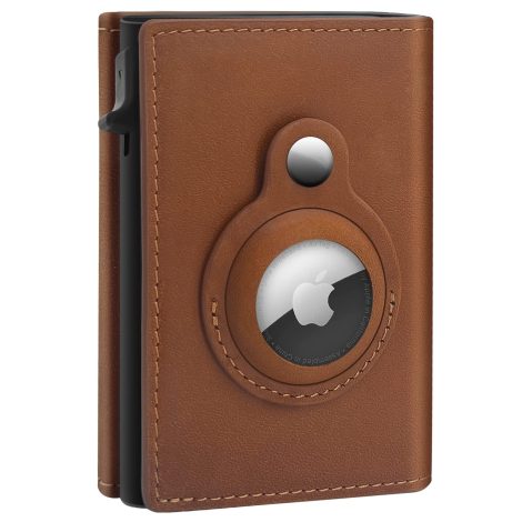 GAOCHALE AirTag Wallet – Sleek dark brown genuine leather credit card holder with RFID technology for Apple AirTag. No AirTag included.