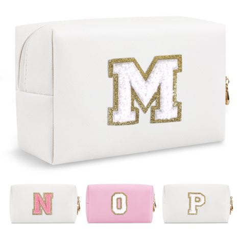 Monogrammed A-Z Preppy Patch Makeup Bag with Initial, Perfect Travel Cosmetic Pouch for Teen Girls and Women.