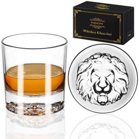 PARACITY Lion Pattern Whiskey Glasses – Premium Set of 2 Old Fashioned Glasses for Men, Perfect Father’s Day Gift.