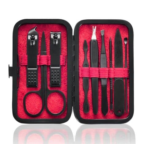 9-in-1 Stainless Steel Manicure Set – Portable Grooming Kit for Men and Women in a Red Leather Case