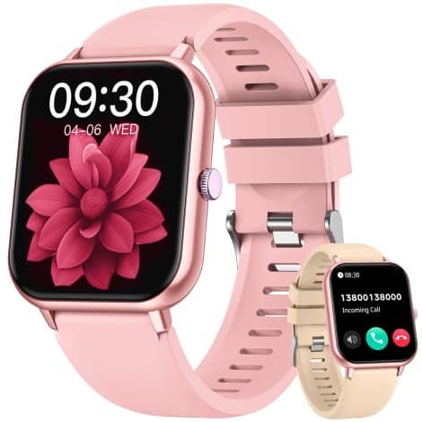 Women’s fitness tracker smartwatch: 1.83″ watch with Bluetooth call, heart rate monitor, sleep tracker, and more. IP67 waterproof. Compatible with Android and iOS.