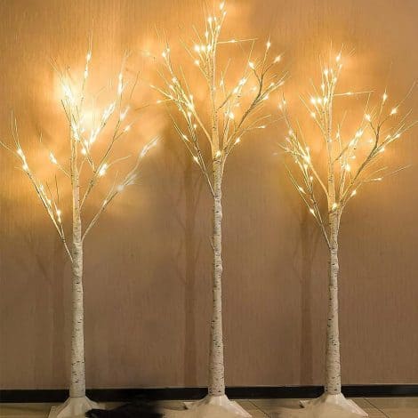 Set of 3 Lighted Birch Trees, 6ft, 4ft and 4ft, with Timer & 144 Warm White LED Lights. Perfect for Christmas decoration indoors or outdoors.