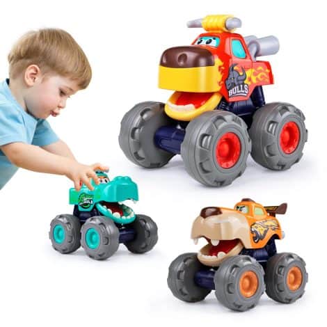 Monster truck toy set includes crocodile, bull, and leopard cars; perfect gift for 1-3 year olds!