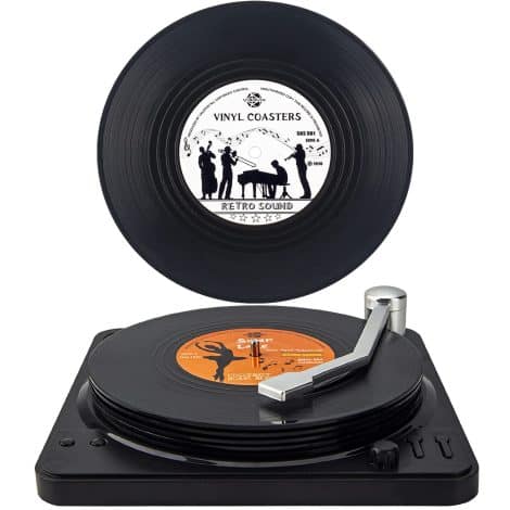 Unique vintage record-themed coasters with player, ideal for music lovers as Christmas gifts or home decor.