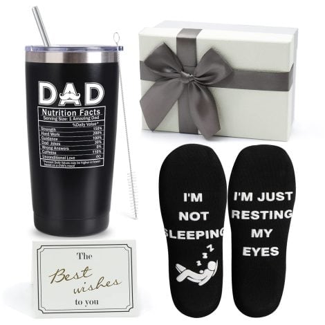 Father’s Day gift set for dads from daughters – includes insulated tumbler, gift basket, and socks. Perfect for husband, men.