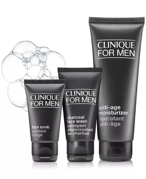 Clinique’s Age Repair Bundle: Anti-Aging Moisturizer, Cream Shave, and Charcoal Face Wash for Men.