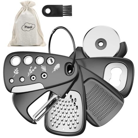 6-Piece Kitchen Gadget Set: Space-saving, includes cheese grater, bottle opener, peeler, pizza cutter, garlic/ginger grinder, herb stripper. Perfect gift!