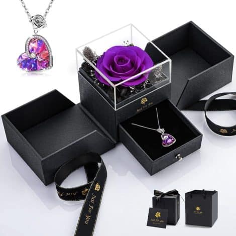 S SIVERY Christmas Rose Gifts – Preserved Purple Flower with Crystal Necklace, perfect for Mom, Wife, Grandma, and Girlfriend. Birthday or holiday gift ideas for her.