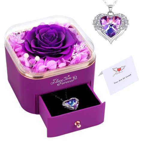 Purple Forever Rose Gift Set: Necklace Included. Ideal for Mom, Wife, Girlfriend on Christmas, Valentine’s, Mother’s Day.